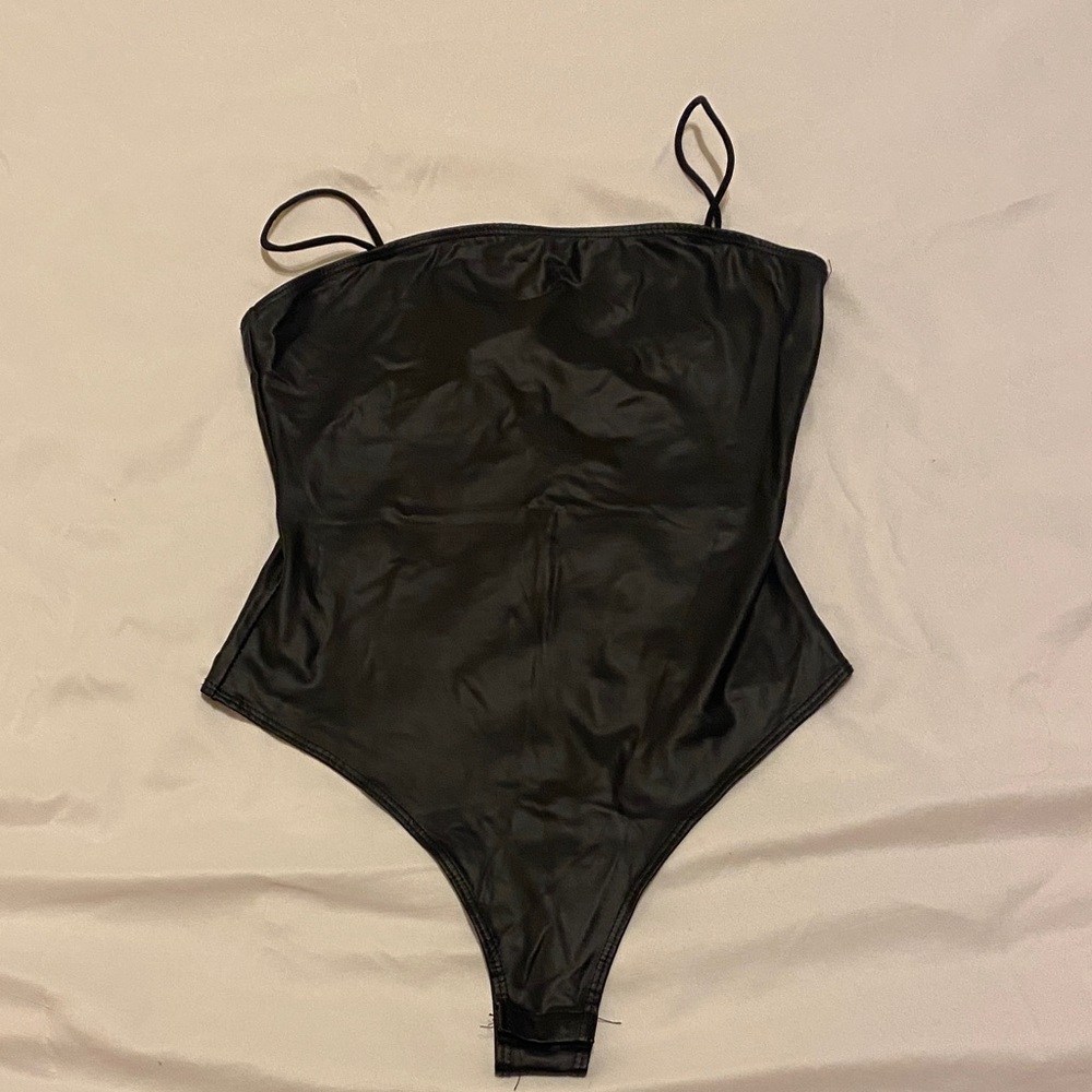 Elegant Black Pleather Women's Bodysuit